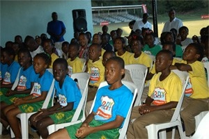 Students listen keenly at the close of the WICB/Scotiabank Kiddy Cricket camp.